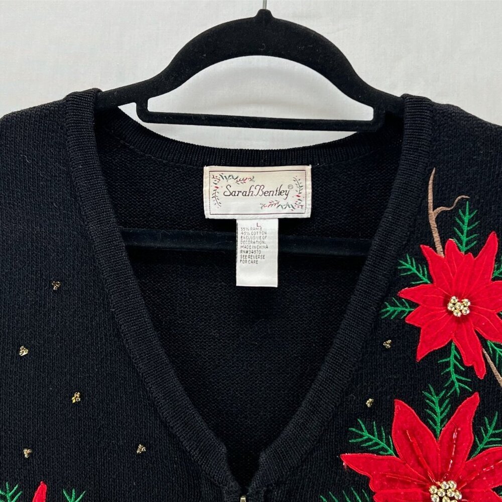 Sarah Bentley VTG Christmas Sweater Vest Sz L Poinsettia Beaded Tassel Black Red - Picture 10 of 10